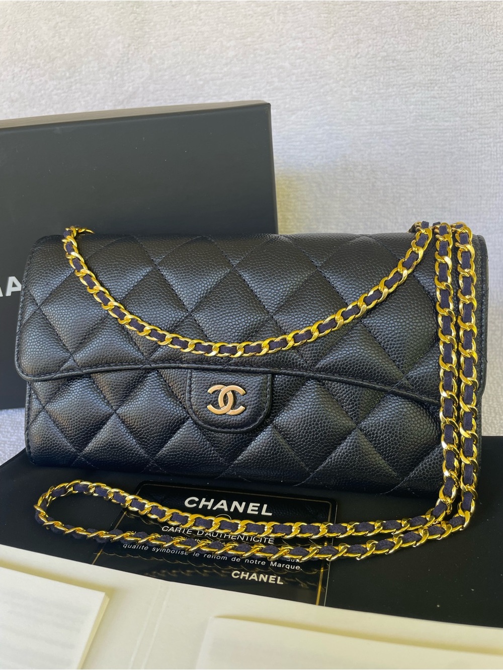 💎AUTH. CHANEL BLUE CAVIAR CLASSIC GUSSETED FLAP LARGE WALLET 💎
